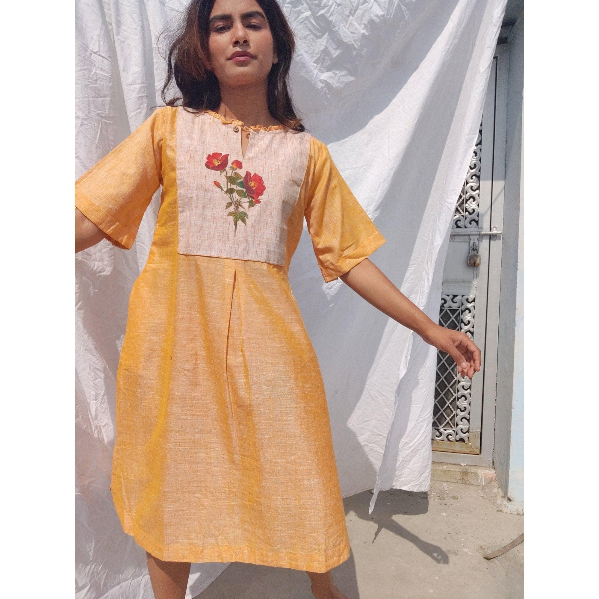 Women Handpainted Yellow Dress - Charkha TalesWomen Handpainted Yellow Dress