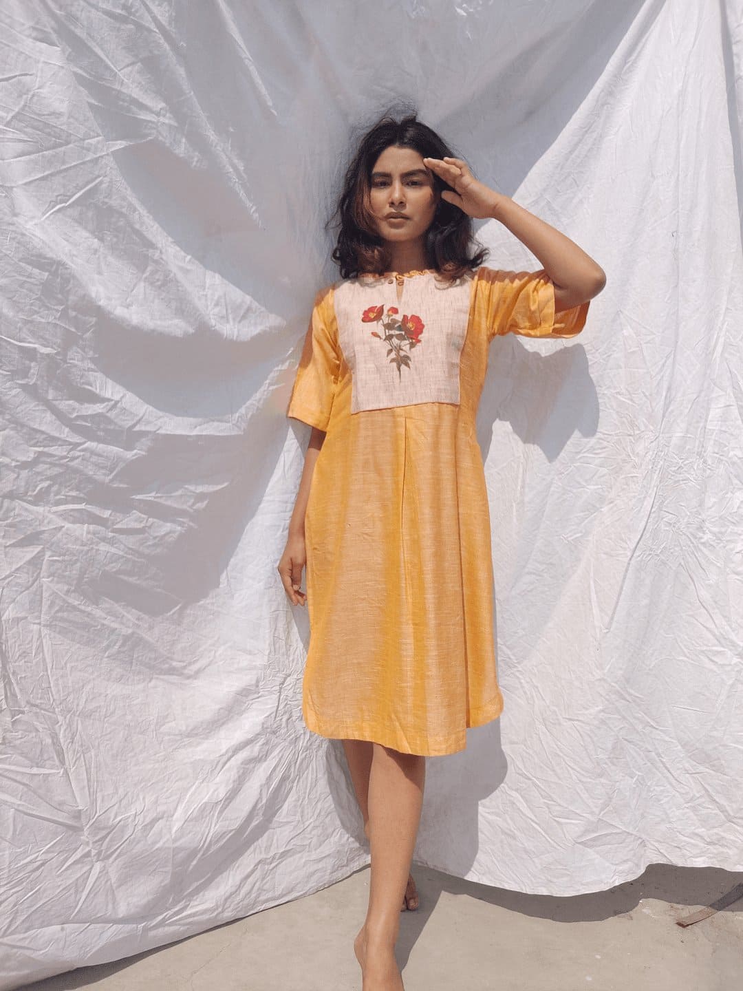 Women Handpainted Yellow Dress - Charkha TalesWomen Handpainted Yellow Dress