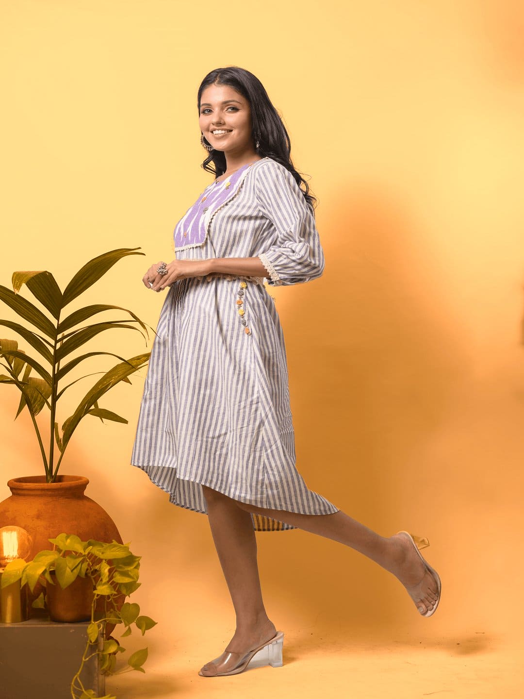 Women Mauve Striped Linen Dress - Charkha TalesWomen Mauve Striped Linen Dress