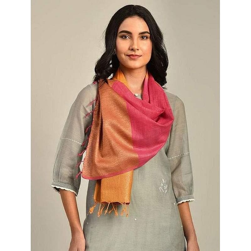 Women Multicolour Handwoven Linen Stole - Charkha TalesWomen Multicolour Handwoven Linen Stole