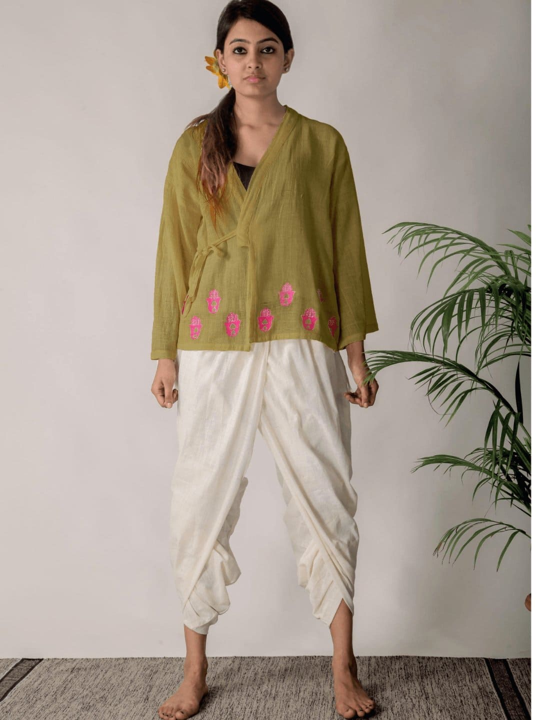 Women Olive Traditional Angharkha Top Set - Charkha TalesWomen Olive Traditional Angharkha Top Set