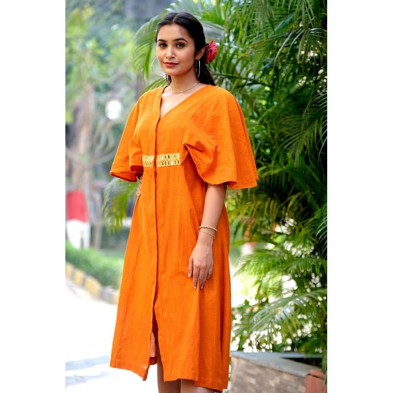 Women Orange Kimono Mirror Dress - Charkha TalesWomen Orange Kimono Mirror Dress