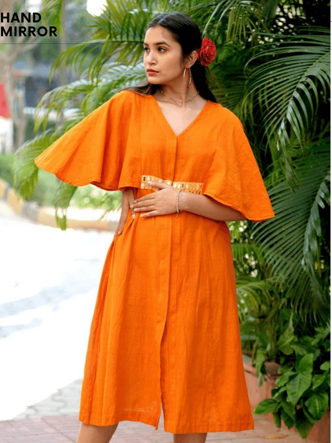 Women Orange Kimono Mirror Dress - Charkha TalesWomen Orange Kimono Mirror Dress