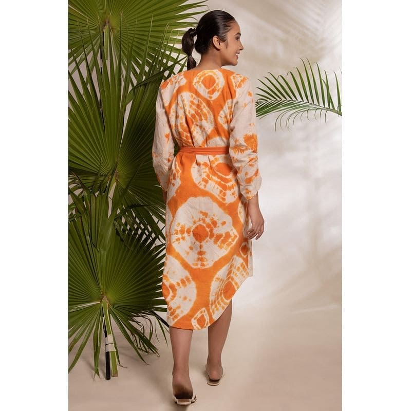 Women Orange Wrap Tie & Dye Dress - Charkha TalesWomen Orange Wrap Tie & Dye Dress