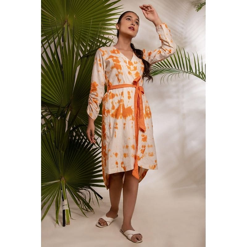 Women Orange Wrap Tie & Dye Dress - Charkha TalesWomen Orange Wrap Tie & Dye Dress