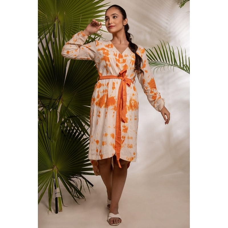 Women Orange Wrap Tie & Dye Dress - Charkha TalesWomen Orange Wrap Tie & Dye Dress