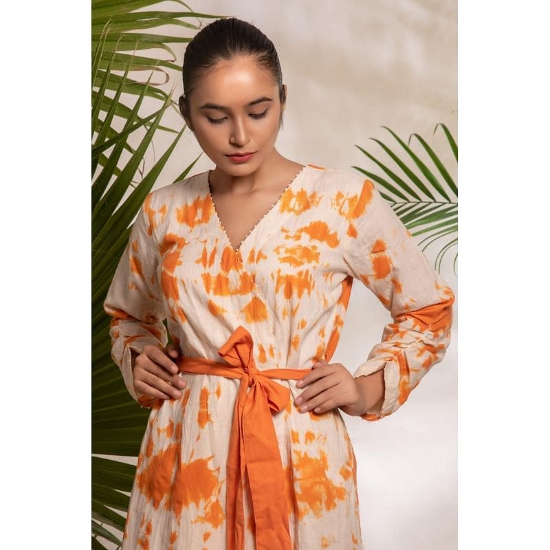 Women Orange Wrap Tie & Dye Dress - Charkha TalesWomen Orange Wrap Tie & Dye Dress