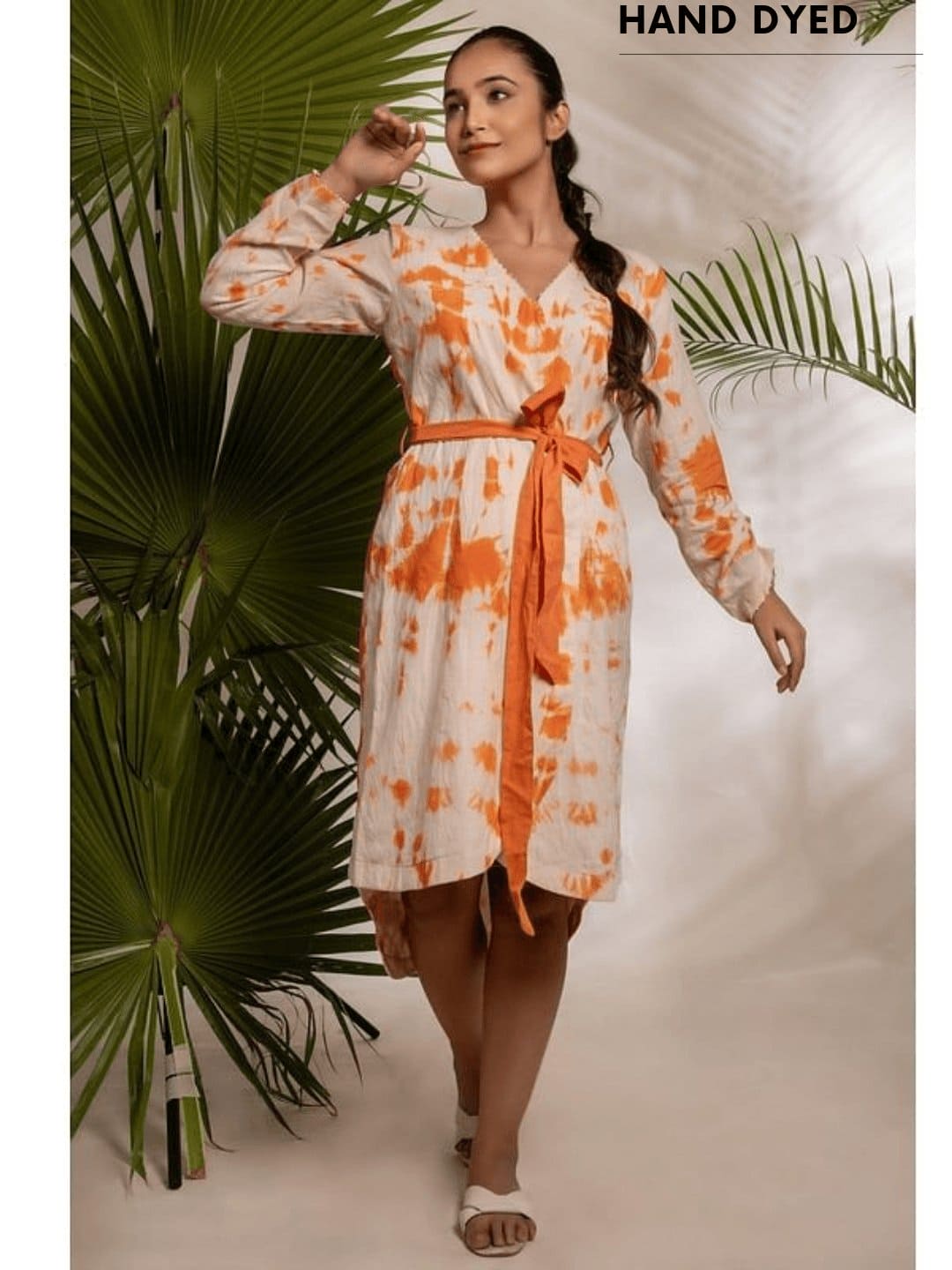 Women Orange Wrap Tie & Dye Dress - Charkha TalesWomen Orange Wrap Tie & Dye Dress