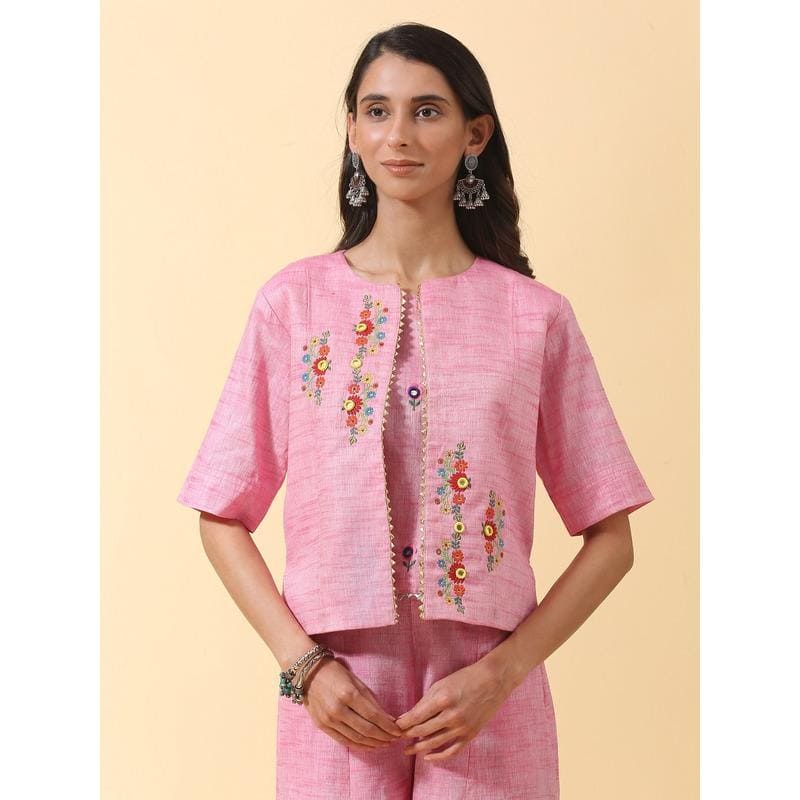 Women Pink Colourful Jacket - Charkha TalesWomen Pink Colourful Jacket