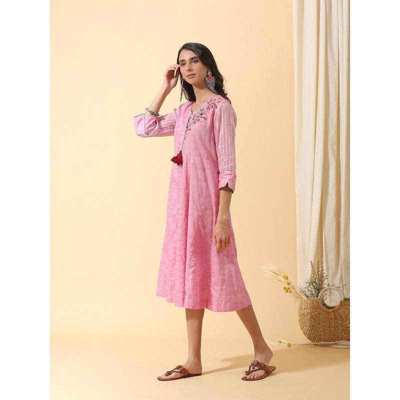 Women Pink Floral Colourful Dress - Charkha TalesWomen Pink Floral Colourful Dress