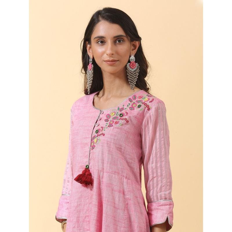 Women Pink Floral Colourful Dress - Charkha TalesWomen Pink Floral Colourful Dress