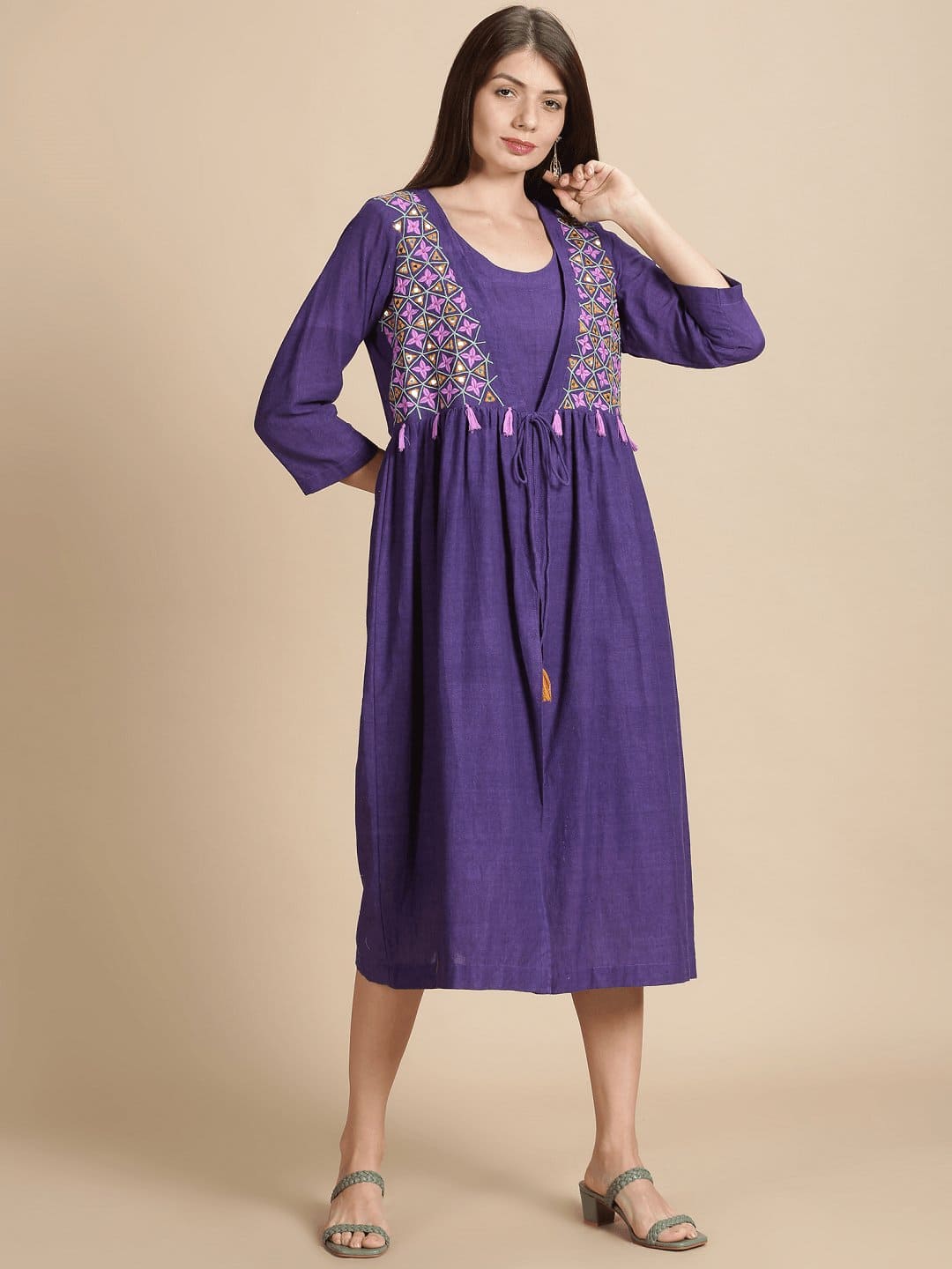 Women Purple Embroidered Dress - Charkha TalesWomen Purple Embroidered Dress