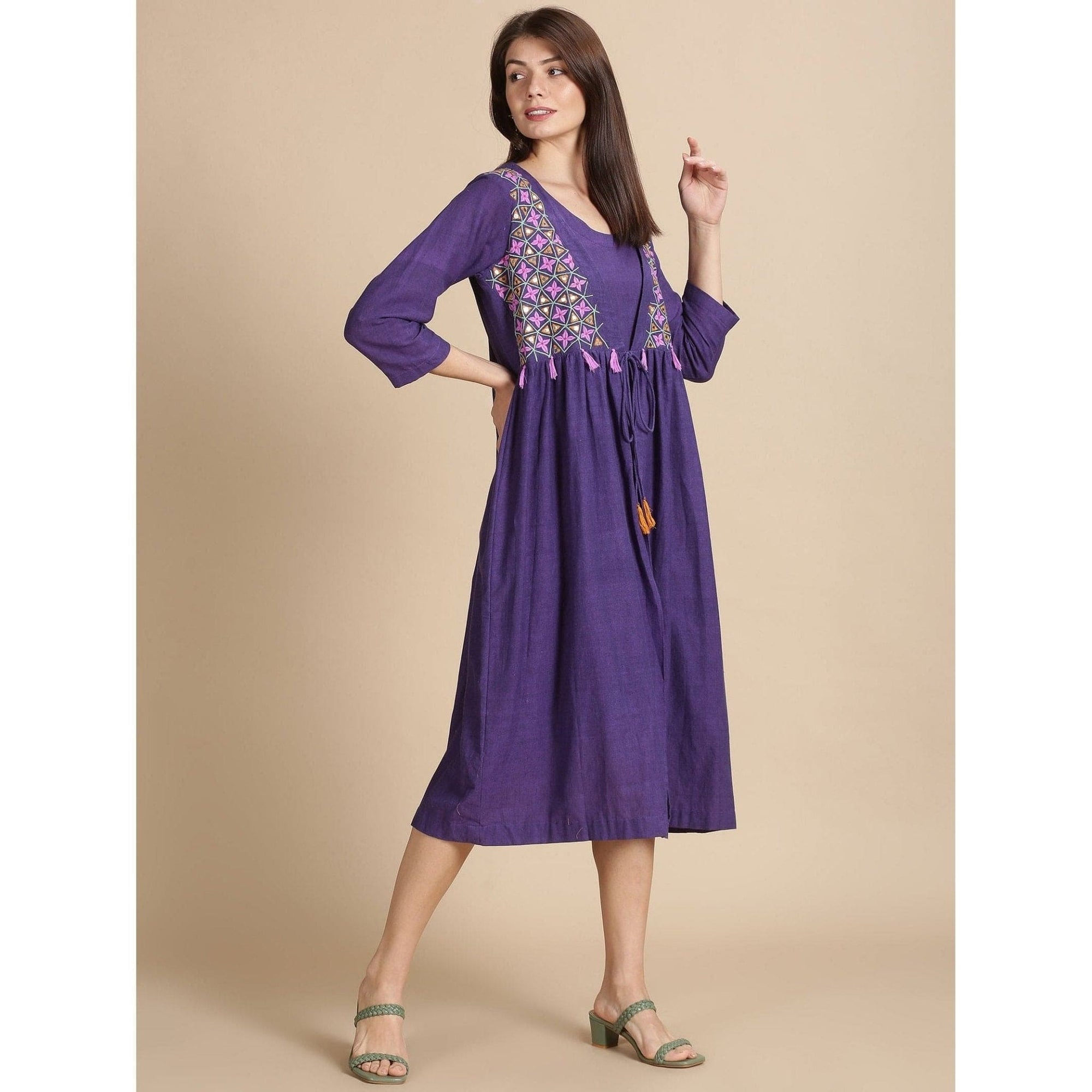 Women Purple Embroidered Dress - Charkha TalesWomen Purple Embroidered Dress
