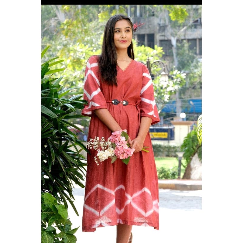 Women Red Hand Dyed Including Belt Dress - Charkha TalesWomen Red Hand Dyed Including Belt Dress