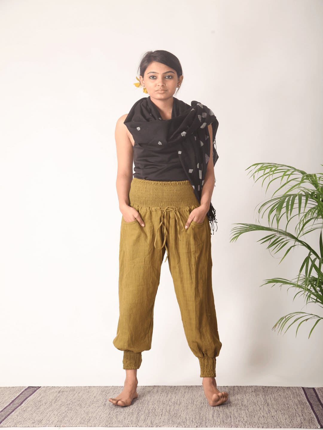 Women Satvik Yoga Olive Green Pants - Charkha TalesWomen Satvik Yoga Olive Green Pants
