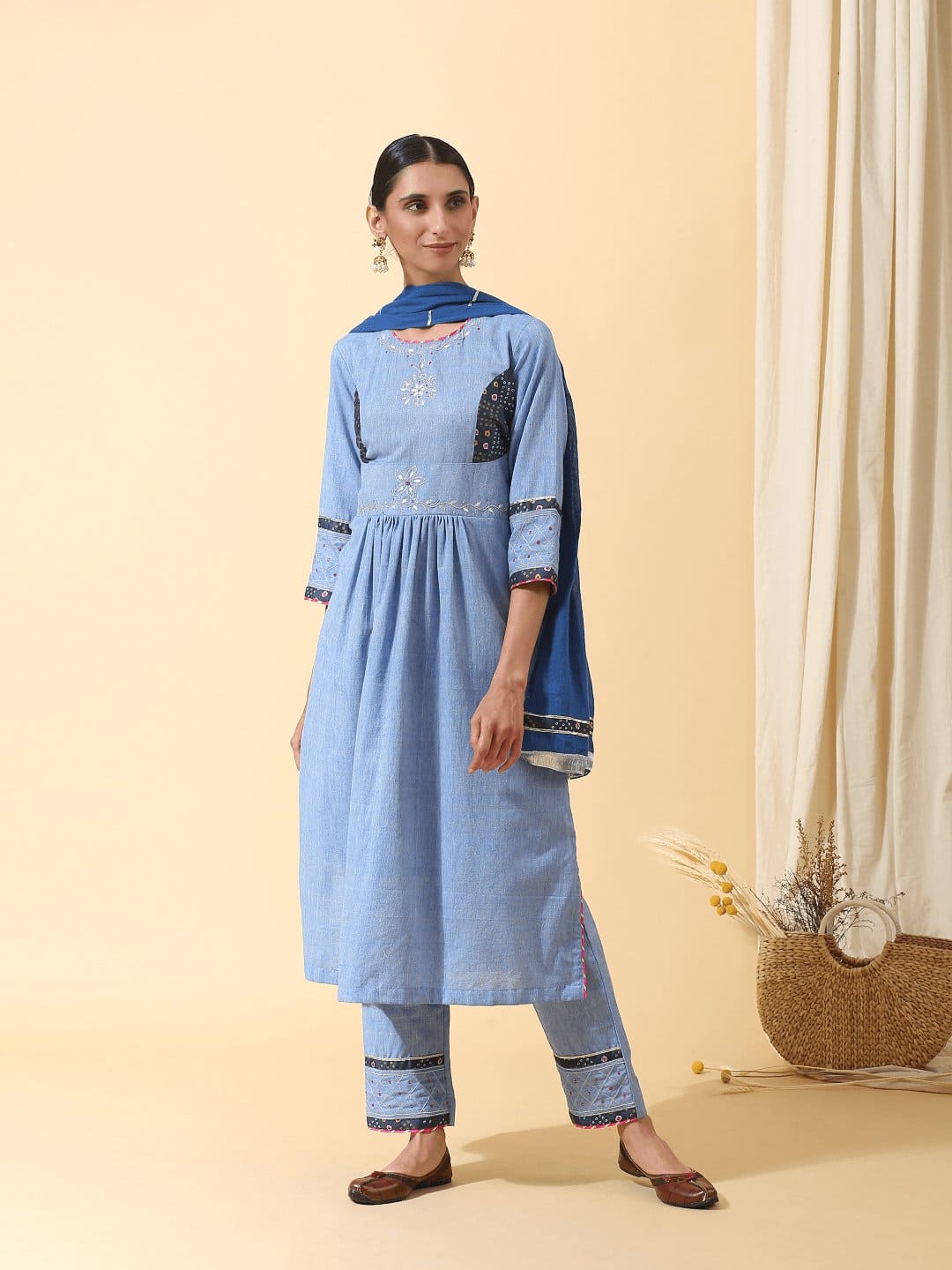 Women Sky Blue Gota Work Kurta Set - Charkha TalesWomen Sky Blue Gota Work Kurta Set