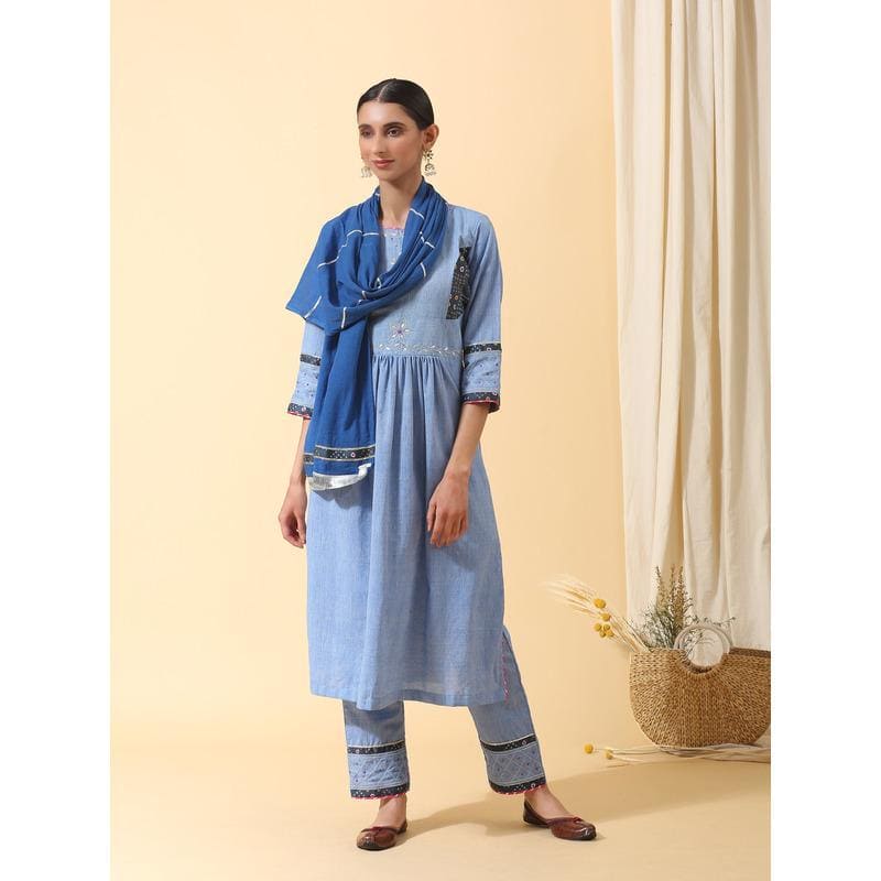 Women Sky Blue Gota Work Kurta Set - Charkha TalesWomen Sky Blue Gota Work Kurta Set