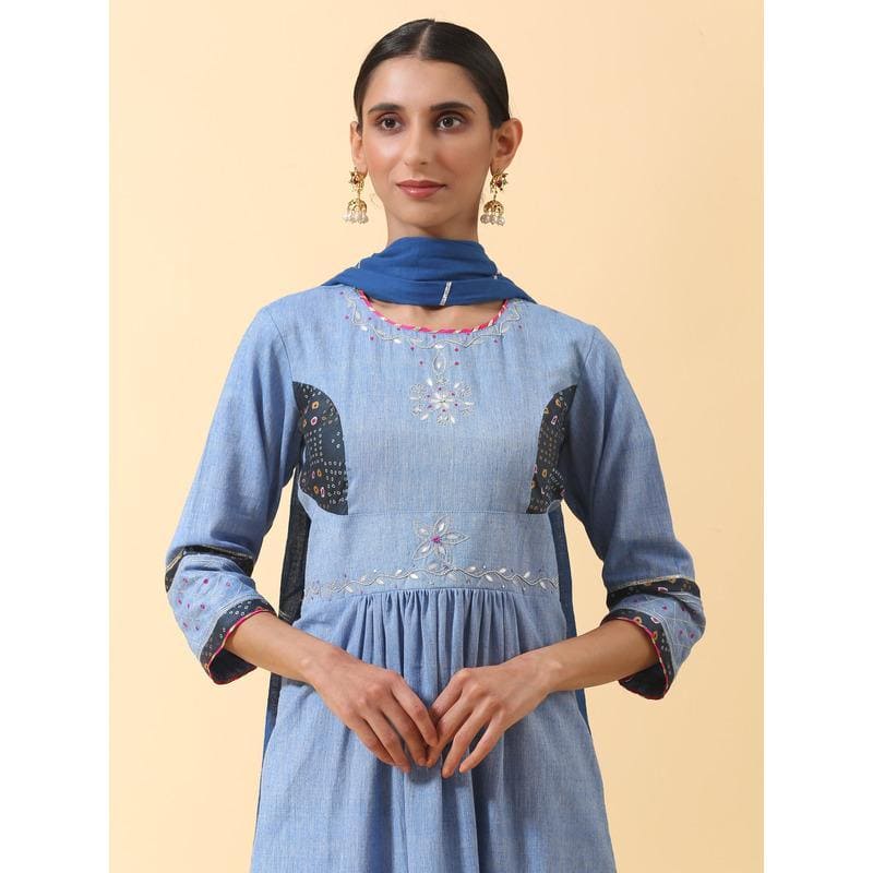Women Sky Blue Gota Work Kurta Set - Charkha TalesWomen Sky Blue Gota Work Kurta Set