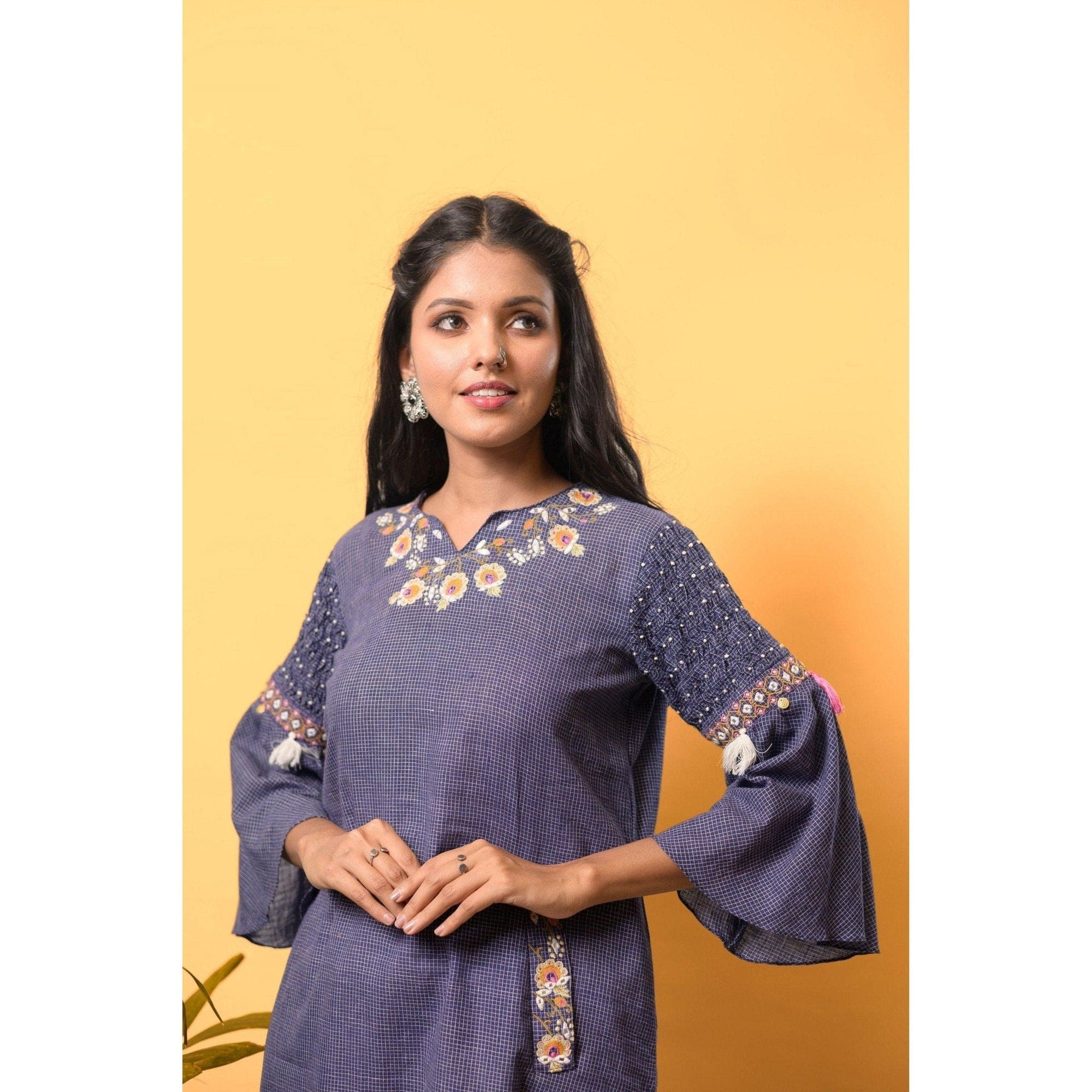 Women Soft Checks Boho Kurta Set - Charkha TalesWomen Soft Checks Boho Kurta Set