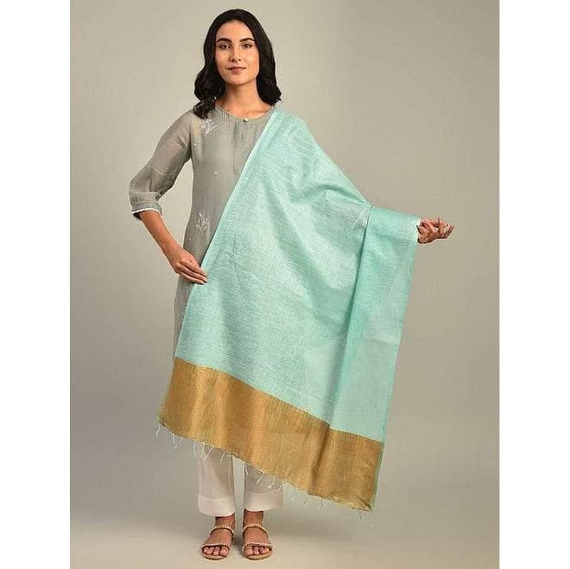 Women Turquoise Linen Dupatta - Charkha TalesWomen Turquoise Linen Dupatta