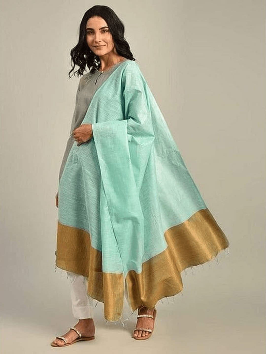 Women Turquoise Linen Dupatta - Charkha TalesWomen Turquoise Linen Dupatta