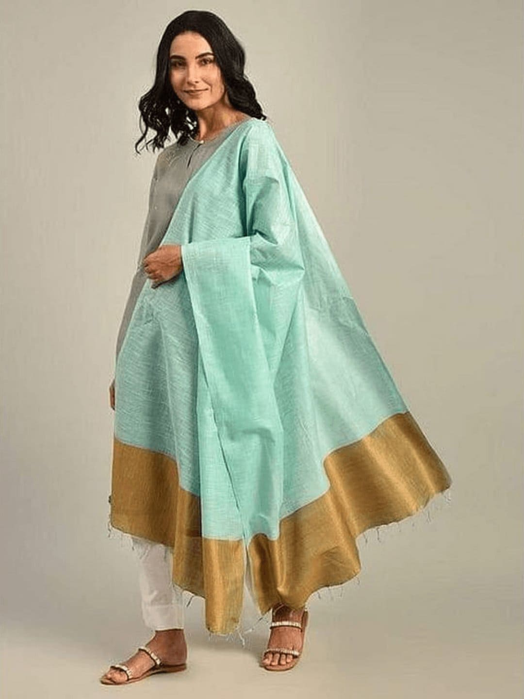 Women Turquoise Linen Dupatta - Charkha TalesWomen Turquoise Linen Dupatta