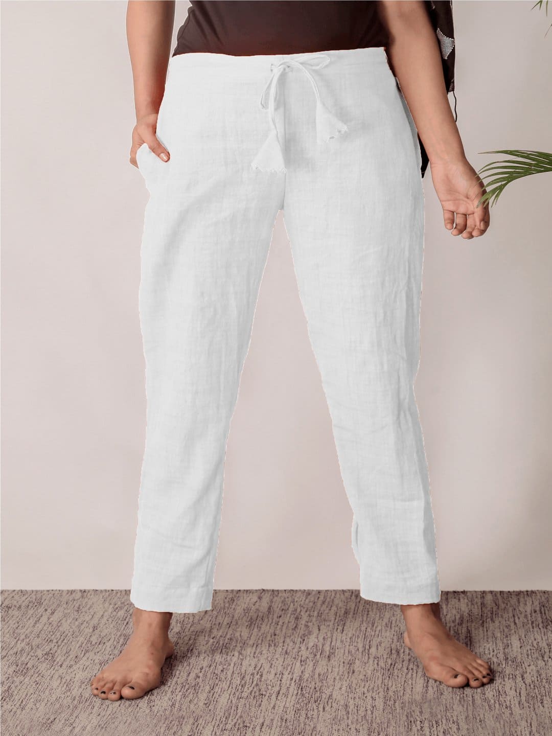 Women White Khadi Yoga Pants - Charkha TalesWomen White Khadi Yoga Pants