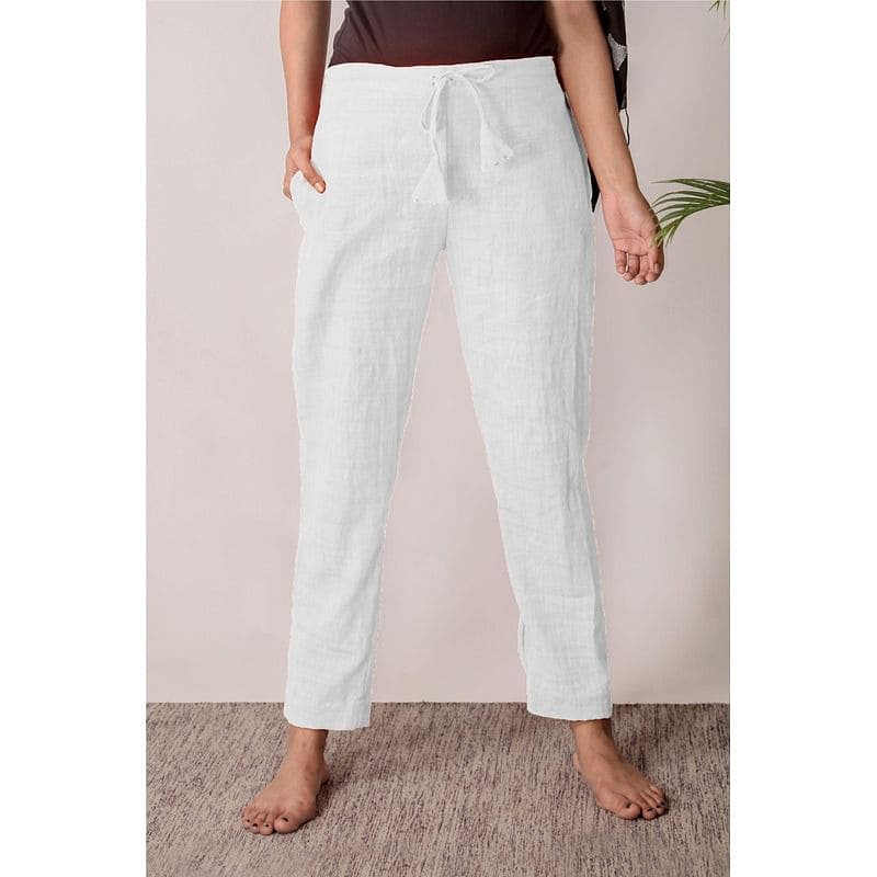 Women White Khadi Yoga Pants - Charkha TalesWomen White Khadi Yoga Pants