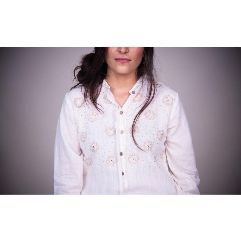 Women White Mukaish Work Shirt - Charkha TalesWomen White Mukaish Work Shirt