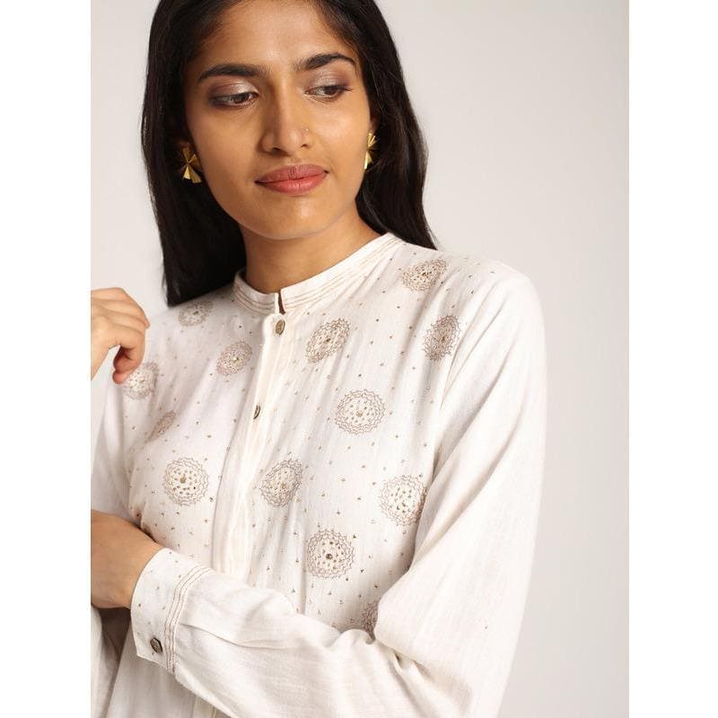 Women White Mukaish Work Shirt - Charkha TalesWomen White Mukaish Work Shirt