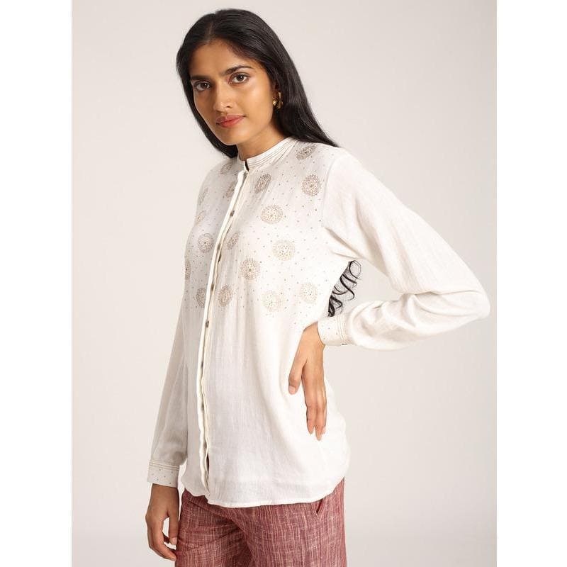 Women White Mukaish Work Shirt - Charkha TalesWomen White Mukaish Work Shirt