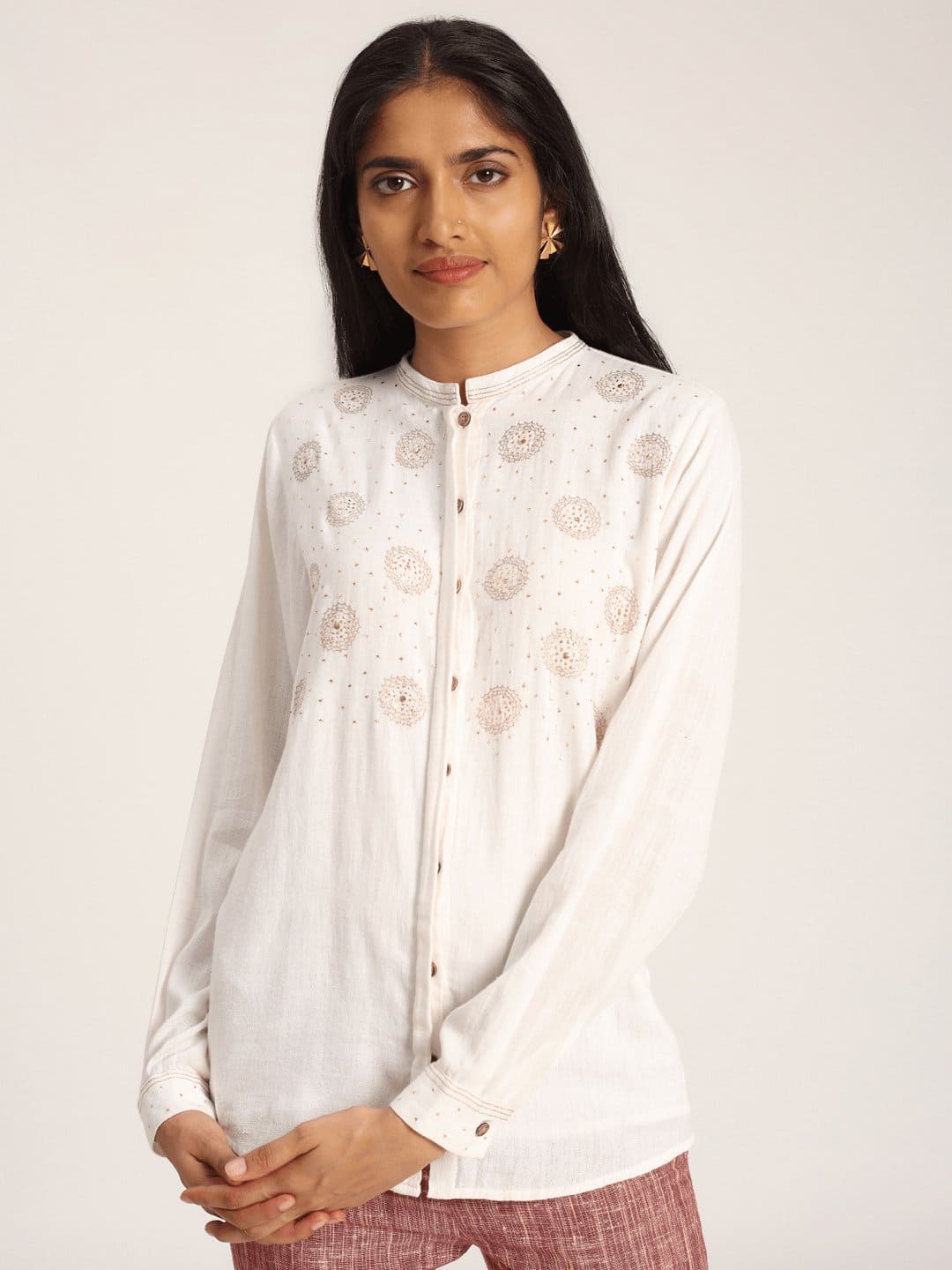 Women White Mukaish Work Shirt - Charkha TalesWomen White Mukaish Work Shirt