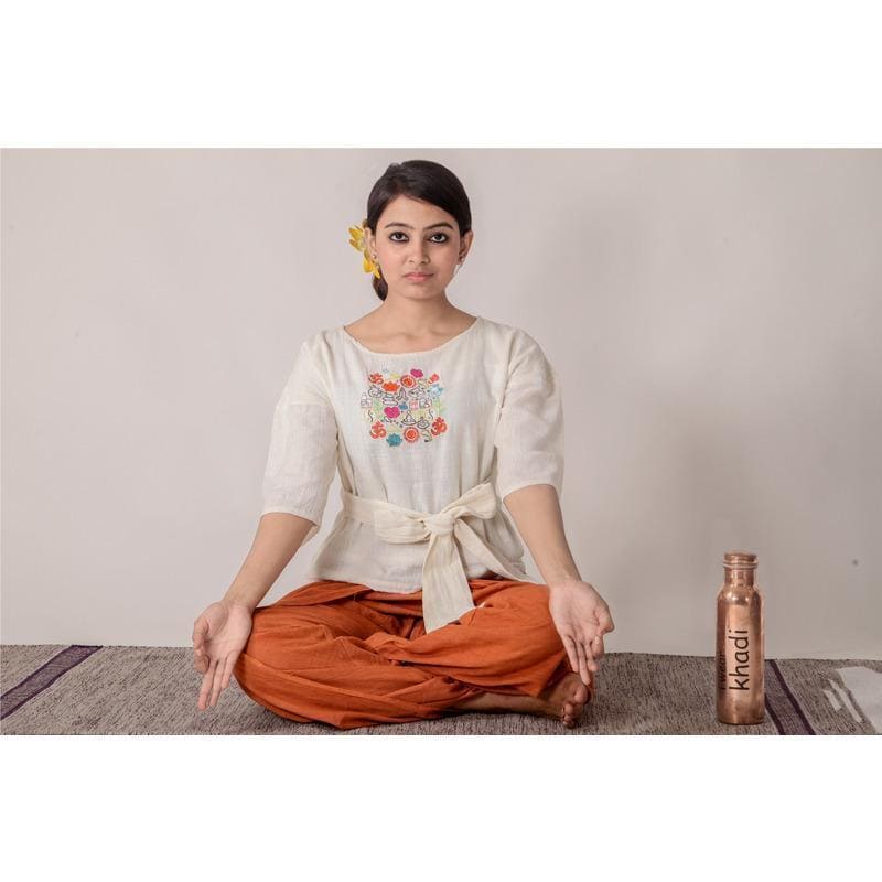 Women White Tie-Up Yoga Top Set - Charkha TalesWomen White Tie-Up Yoga Top Set