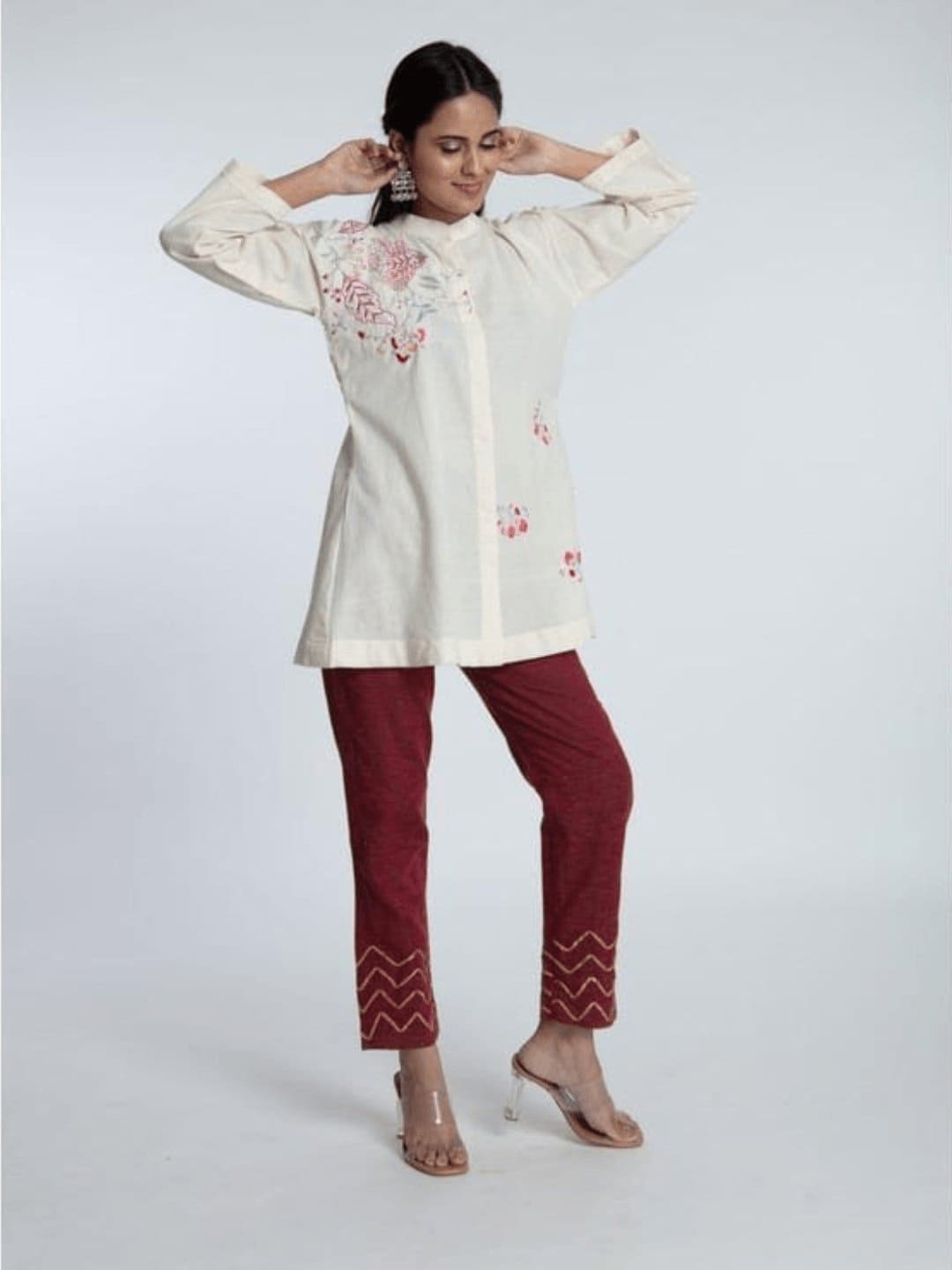 Women White Victorian Floral Top Set - Charkha TalesWomen White Victorian Floral Top Set