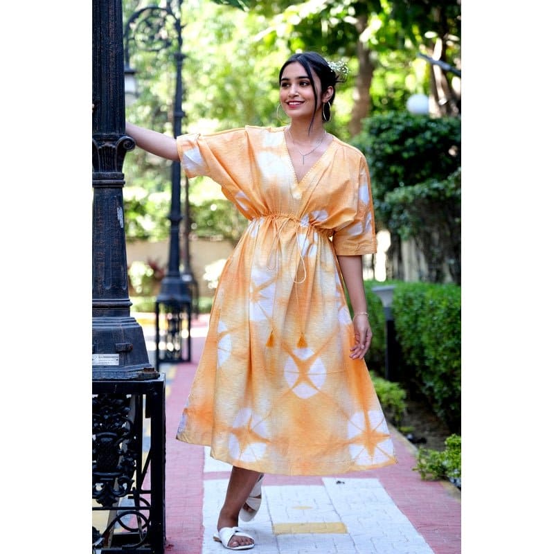 Women Yellow Clamp Dye Kaftaan Dress - Charkha TalesWomen Yellow Clamp Dye Kaftaan Dress