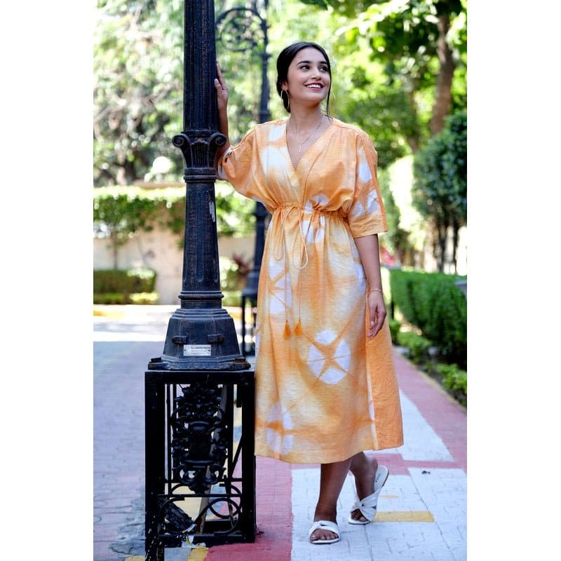 Women Yellow Clamp Dye Kaftaan Dress - Charkha TalesWomen Yellow Clamp Dye Kaftaan Dress