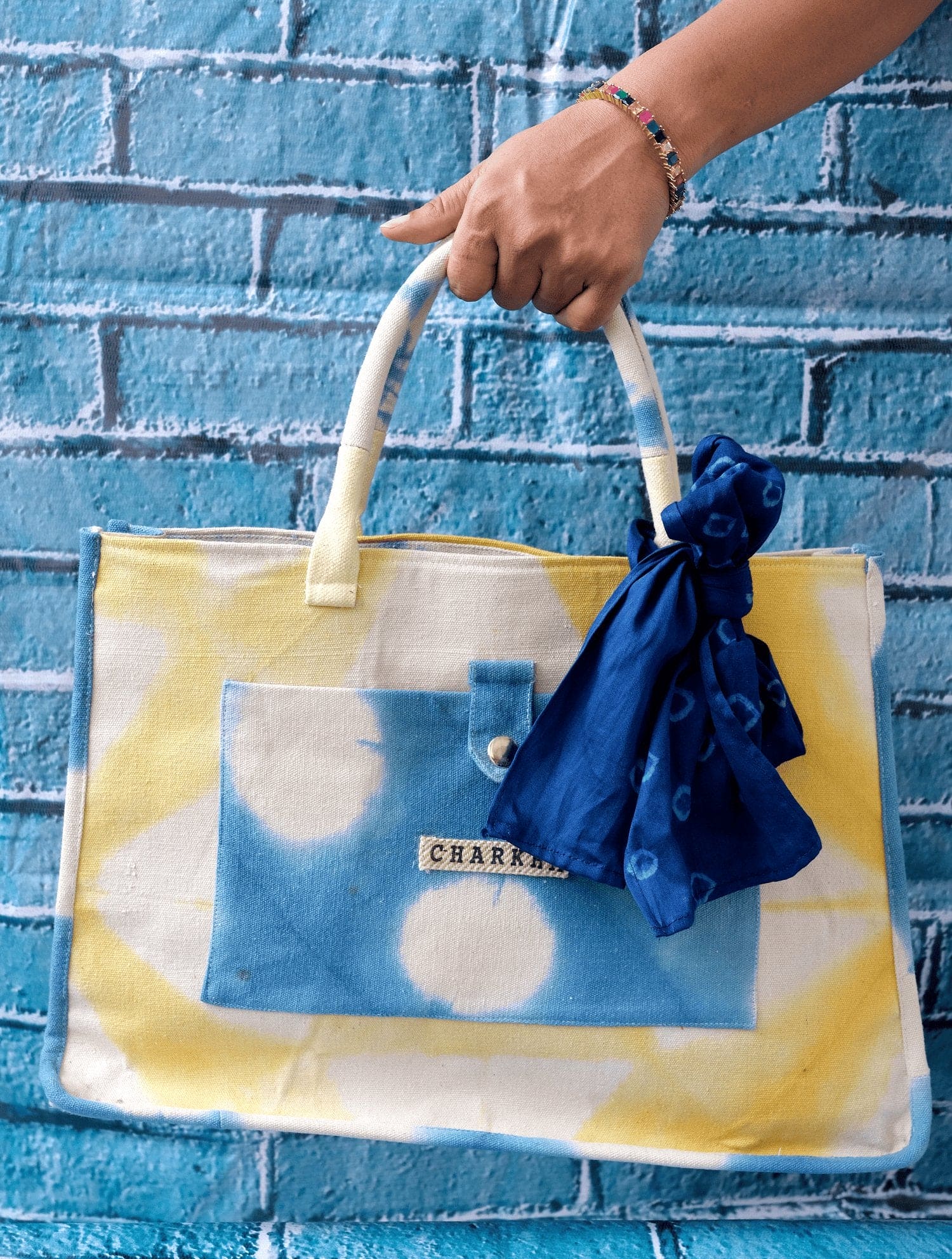 Yellow & Blue Tote Bag - Charkha TalesYellow & Blue Tote Bag