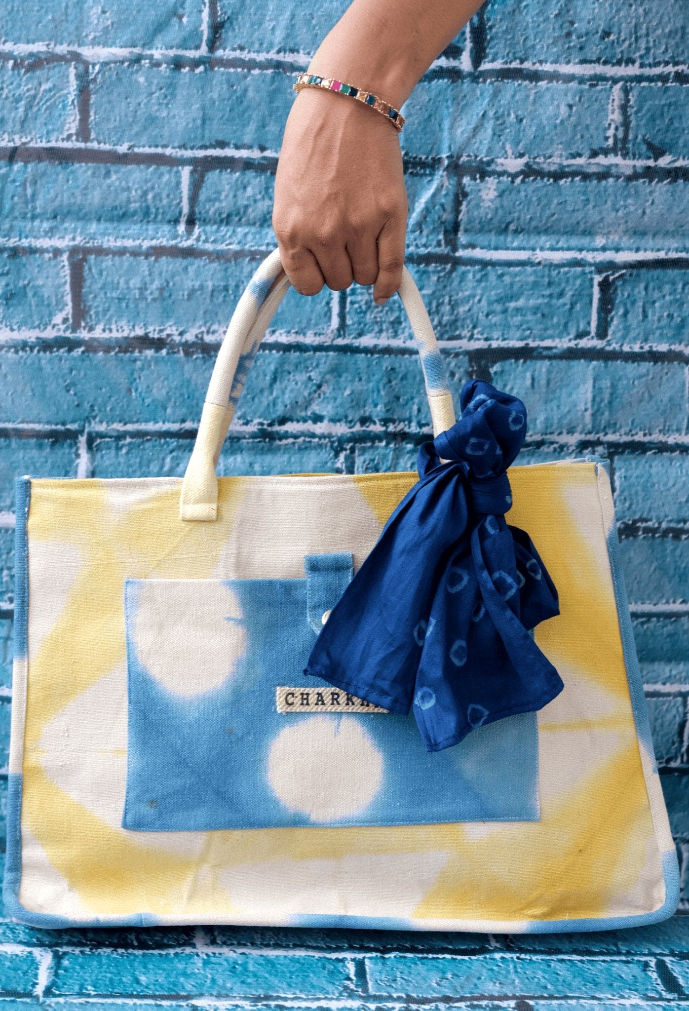 Yellow & Blue Tote Bag - Charkha TalesYellow & Blue Tote Bag