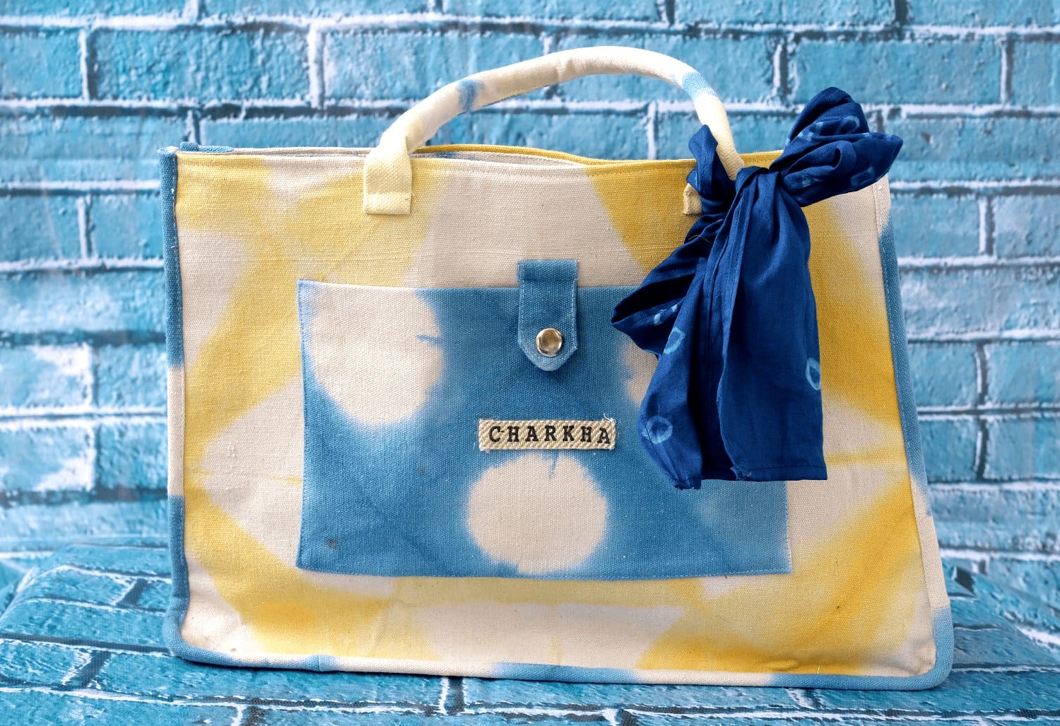 Yellow & Blue Tote Bag - Charkha TalesYellow & Blue Tote Bag