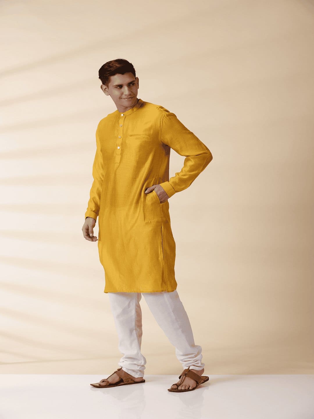 Yellow Chanderi Men Chanderi Kurta - Charkha TalesYellow Chanderi Men Chanderi Kurta