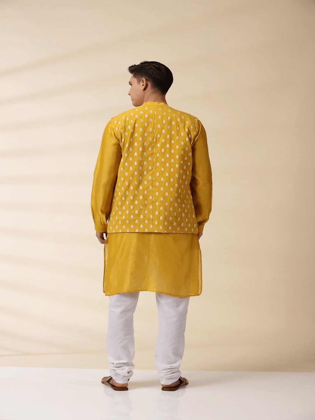 Yellow Chanderi Men Jacket & Kurta Set - Charkha TalesYellow Chanderi Men Jacket & Kurta Set