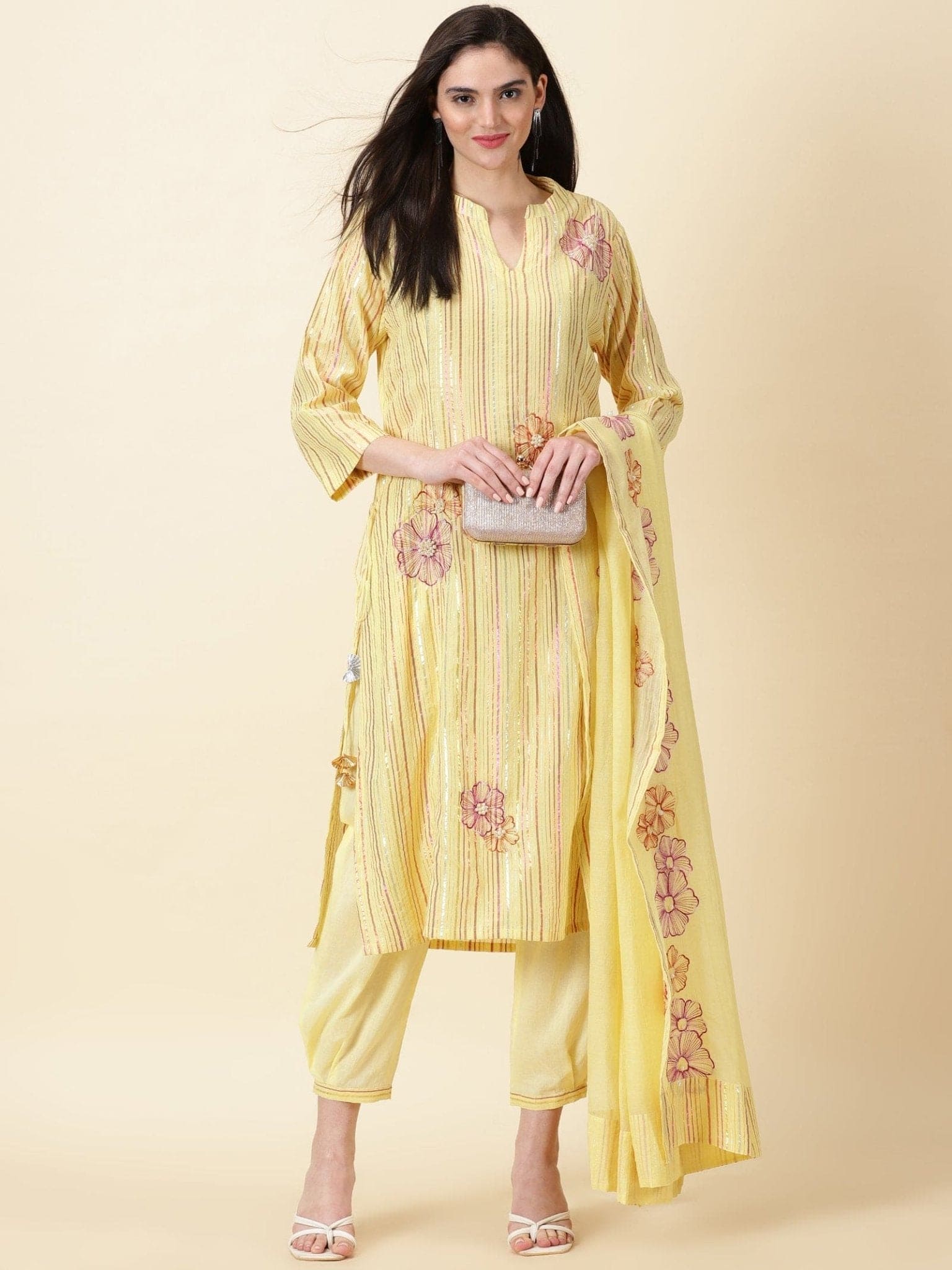 Yellow Chanderi Women Kurta Set - Charkha TalesYellow Chanderi Women Kurta Set