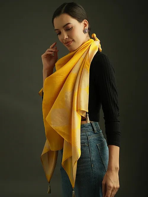 Yellow Clamp Dye Chanderi Silk Stole - Charkha TalesYellow Clamp Dye Chanderi Silk Stole