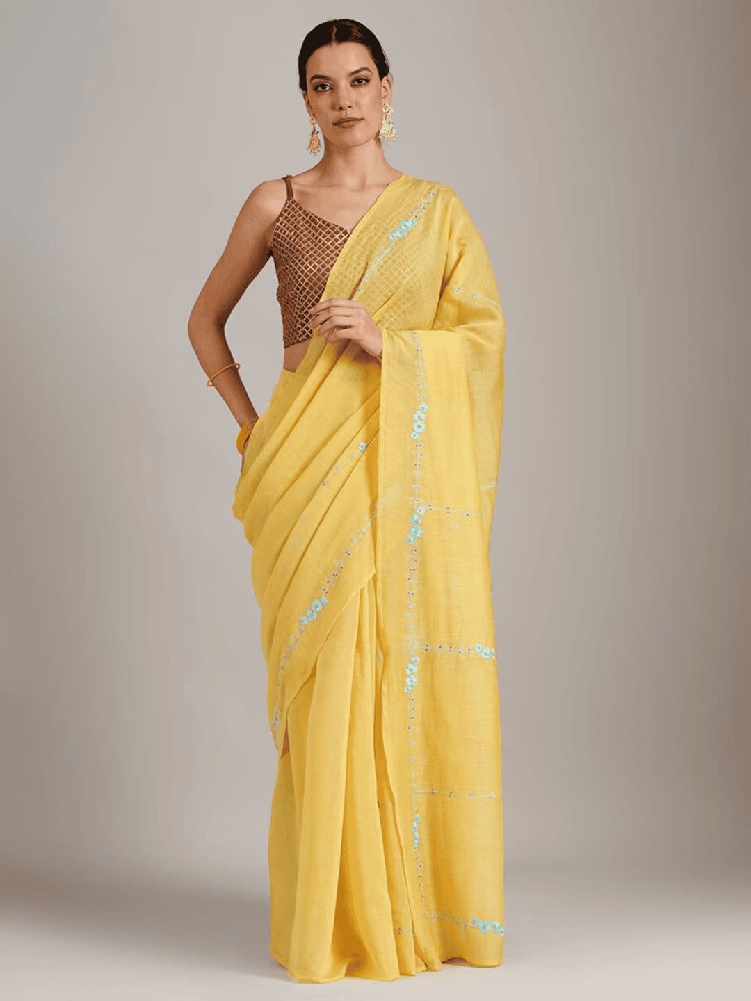 Yellow embroidered Silk Chanderi Saree - Charkha TalesYellow embroidered Silk Chanderi Saree