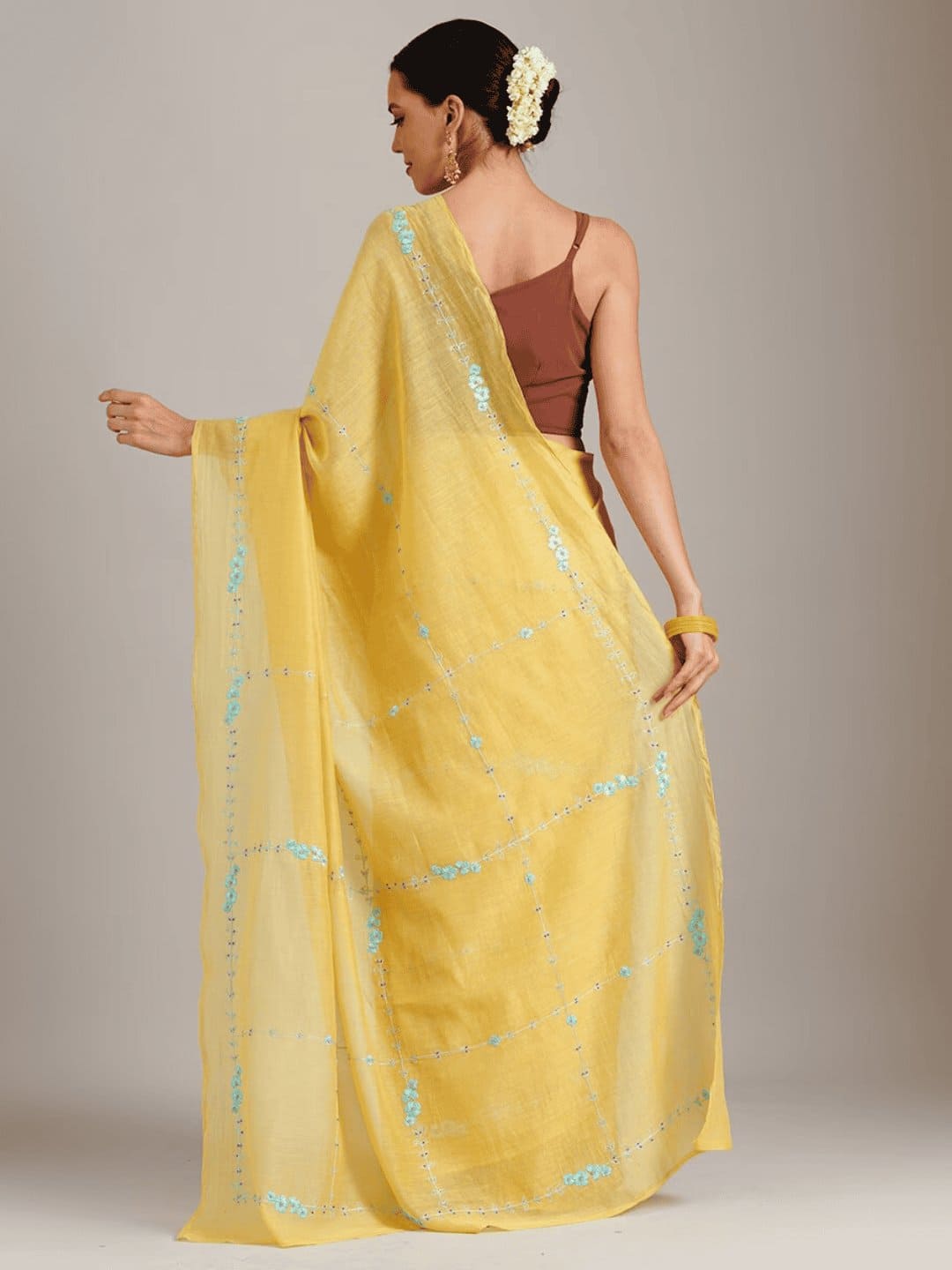 Yellow embroidered Silk Chanderi Saree - Charkha TalesYellow embroidered Silk Chanderi Saree