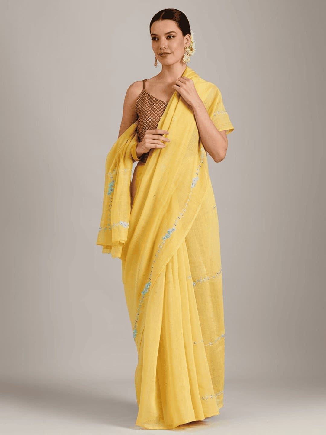Yellow embroidered Silk Chanderi Saree - Charkha TalesYellow embroidered Silk Chanderi Saree
