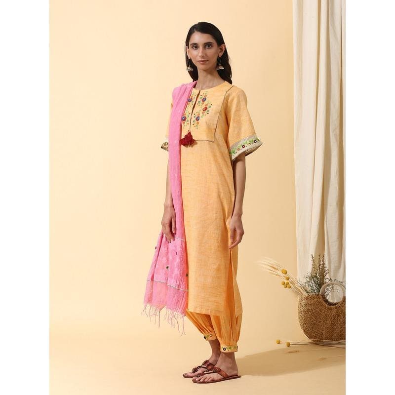 Yellow Floral Colourful Mirror Kurta Set - Charkha TalesYellow Floral Colourful Mirror Kurta Set