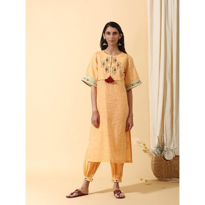 Yellow Floral Colourful Mirror Kurta Set - Charkha TalesYellow Floral Colourful Mirror Kurta Set