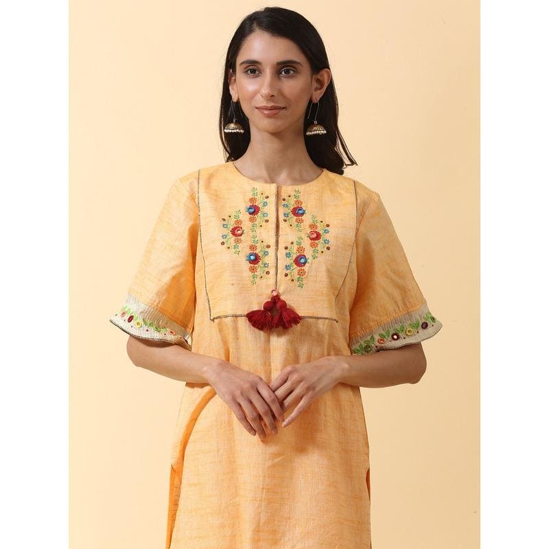 Yellow Floral Colourful Mirror Kurta Set - Charkha TalesYellow Floral Colourful Mirror Kurta Set