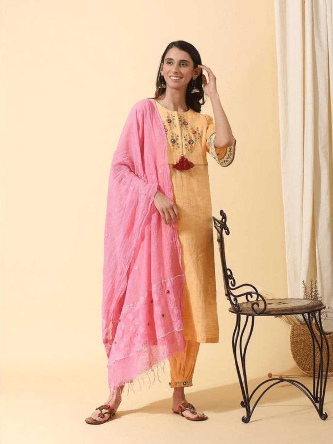 Yellow Floral Colourful Mirror Kurta Set - Charkha TalesYellow Floral Colourful Mirror Kurta Set